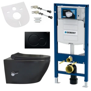 Hänge WC spülrandlos mit Geberit Vorwandelement Deckel Armatur Schwarz Matt - Bild 1 von 7
