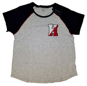 DAMEN TOMMY HILFIGER HERITAGE ""H"" AUFNÄHER ENTSPANNTE PASSFORM RAGLAN T-SHIRT MARINEGRAU XL - Bild 1 von 4
