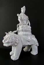 Quan Yin Riding Foo Dog White Blanc de Chine Porcelain Sculpture 16"