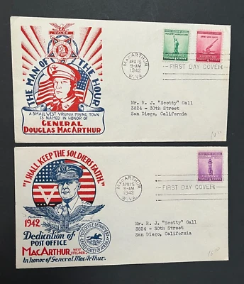1942 STAEHLE DEFENSE FDC CACHETS GEN MACARTHUR WV ! PATRIOTIC FIRST DAY COVERS ! - Image 1 of 2