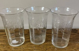 Set Of 3 Vintage  Etched Floral Design  Juice Drinking Glasses 3.75” 8 oz - Picture 1 of 5