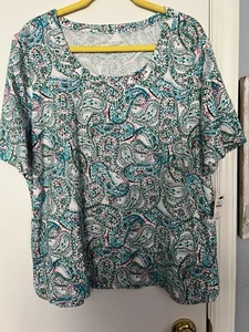 NEW! Women’s Talbots S/S Flattering Top - White/Turquoise Paisley Size 2X - Picture 1 of 8