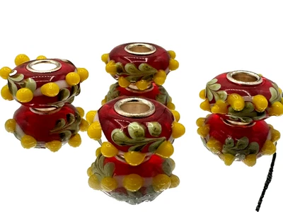 3D Handmade Lampwork Glass Beads, Red with Yellow Vine Design, 5pcs - Image 1 of 4