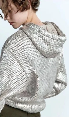 Cárdigan Zara tejido en lámina plateado con capucha cremallera pesado para mujer XL NUEVO CON ETIQUETAS Foto 1 de 4