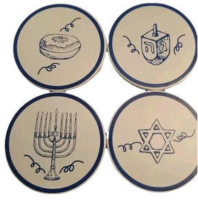Set Of 4 Hanukkah Themed Blue And White Ceramic Coasters With Cork Back Clean - Picture 1 of 22