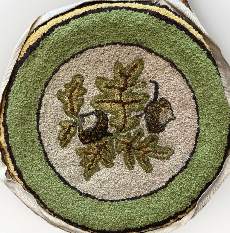 VTG Joan Moshimer Wool Hand Hooked Rug Chair Seat Acorns 15" Finished Project - Image 1 of 4