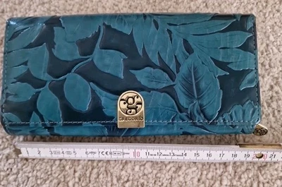 Damen Geldbörse Portmonee Echtleder Blumen Blau- Türkis viele Fächer  wie NEU - Bild 1 von 4