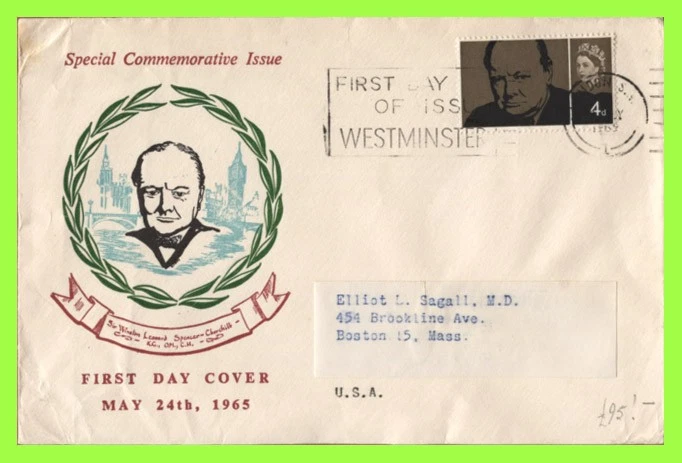 G.B. 1965 4d Churchill on First Day Cover, Westminster Slogan cancel - Image 1 of 1