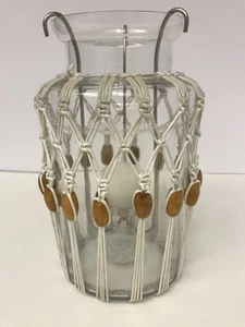 Jarrón de vidrio transparente con cuentas de macramé candelabro marfil 10 pulgadas boho retro - Imagen 1 de 9