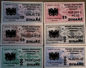 KOSOVO 10 25 50 100 500 1,000 Rare 1 SET 1999 UNC Commemorative Provisional NOTE - Picture 1 of 4