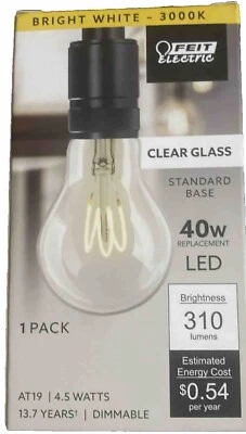 Brand New-Feit Electric 40-Watt Equivalent A19 Dimmable Clear Glass E26 V - Image 1 of 3