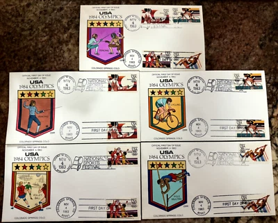 # C109-C112 USA 1984 Olympic Games 5 FDC  Hand-painted by Collins -  Perfect!!! - Image 1 of 4