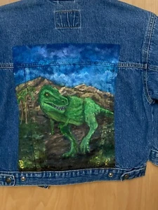 T Rex dinosaur Hand painted boys denim jacket size 7 Tyrannosaurus Rex - Picture 1 of 9