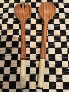 MacKenzie Childs Parchment Check Olivewood & Enamel Salad Serving Set New - Picture 1 of 21