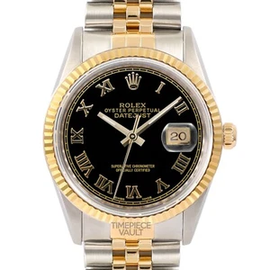 ROLEX DATEJUST 16233 GOLD STEEL 36MM WATCH BLACK ROMAN DIAL 18K FLUTED BEZEL B+P - Picture 1 of 8
