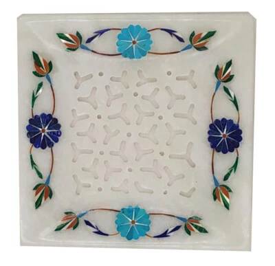 Serving tray marble stone 5" x 5" Turquoise & Lapis gemstone inlay work Platter - Image 1 of 2