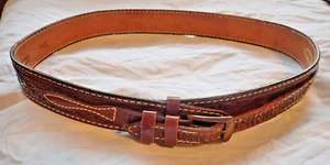 Vintage USA made JUSTIN buckle belt 34 brown COWHIDE Tooled Western RANGER - Picture 1 of 9