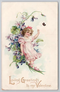 Loving Greetings to My Valentine Postcard Little Girl Flowers Raphael Tuck 1910 - Picture 1 of 4