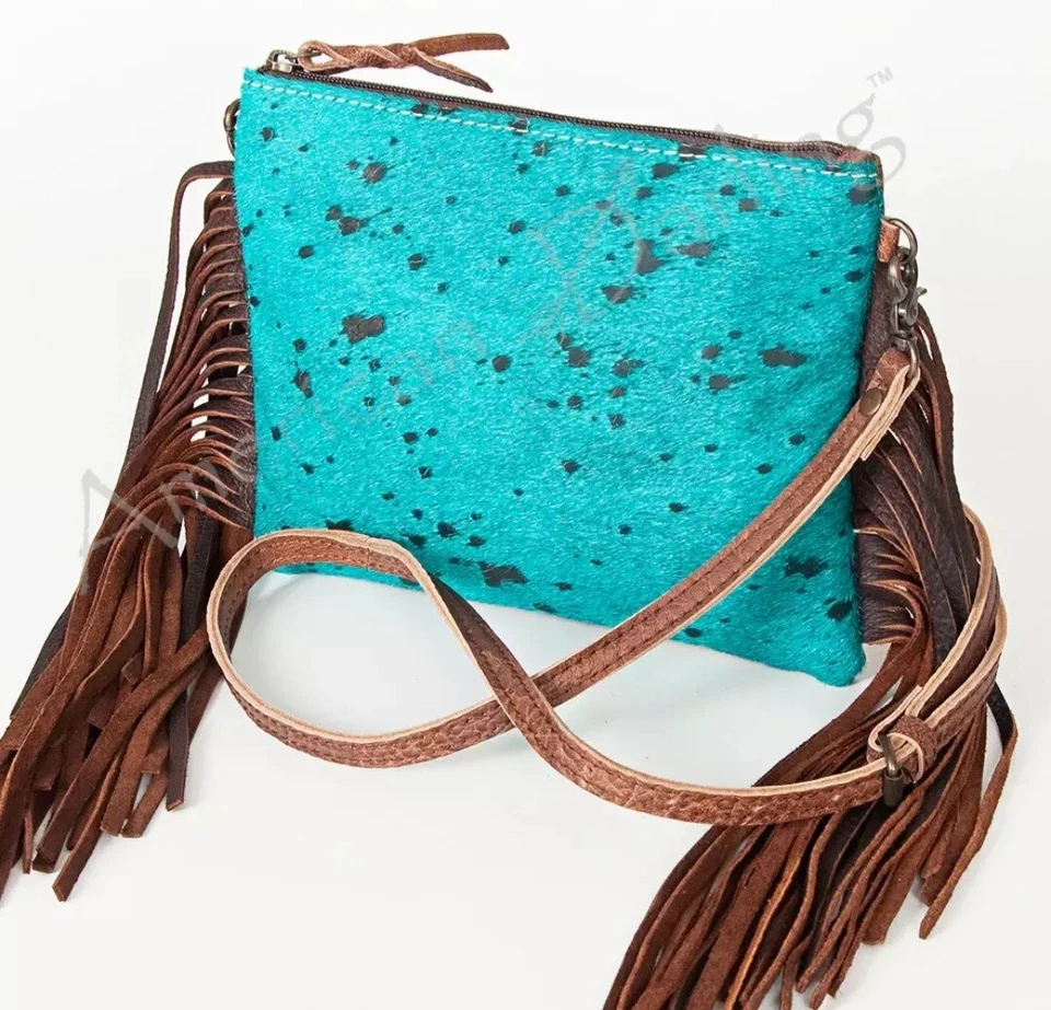 American Darling Black &Turquoise Cowhide W/Fringe Purse ADBG109TRQ2FRNG