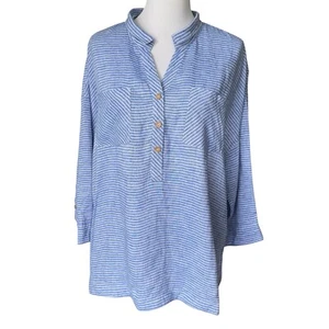 John Mark Damen Leinen Knopfleiste Tunika Bluse blau weiß Streifen Gr. XL Strand - Bild 1 von 10