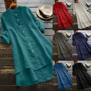 Plus Women Casual Loose Linen Soild Button Long Sleeve Long Shirt Blouse Tops US - Picture 1 of 35