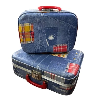 Juego de 2 maletas de mezclilla vintage de los años 70 con retazos de equipaje de viaje decoración retro Foto 1 de 4