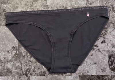 NWT VICTORIA'S SECRET SMALL CHARCOAL GRAY PINK VS HEART LOGO RARE BIKINI PANTIES - Image 1 of 3
