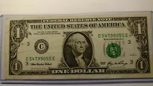 FANCY $1.00 FEDERAL RESERVE NOTE 2006 SERIAL NUMBER C 54799055 E. - Picture 1 of 3