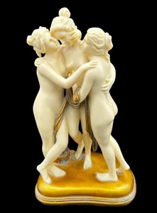 O Tupton 3 Griechische Göttin Faux Elfenbein Harz Skulptur Gold Akzente Creme Vintage - Bild 1 von 13