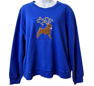 Hot Cotton Reindeer Sweatshirt S Crew Pullover Rudolph Christmas Applique Blue - Picture 1 of 7