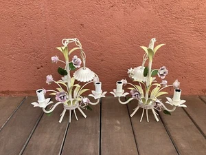 Paire De Lustre Florentin Bouquet de fleurs en métal Vintage 3 branches - Picture 1 of 17