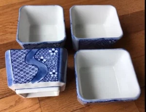 4 Japanese Chinese Square Soup Bowl Sushi 3 1/4” Blue Art Deco Vintage Excellent - Picture 1 of 3