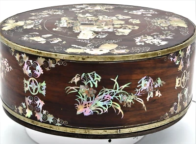 Antique round Bride's blackwood and abalone decorated  box - Image 1 of 4