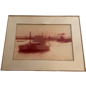 Fotografía enmarcada vintage 1976 William Plante Chesapeake Dawn Boat arte años 70 - Imagen 1 de 11
