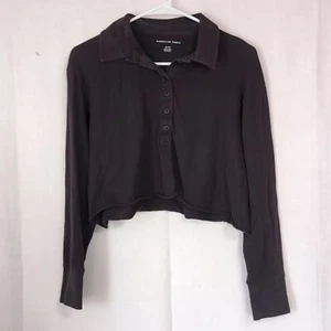 American Eagle schwarz geknöpft Polo Langarm Cropped Top Größe Small - Bild 1 von 5