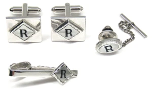 Silver Shields Initial R Cufflinks Tie Clip & Pin Set Monogram Men Formal Wear - Picture 1 of 4
