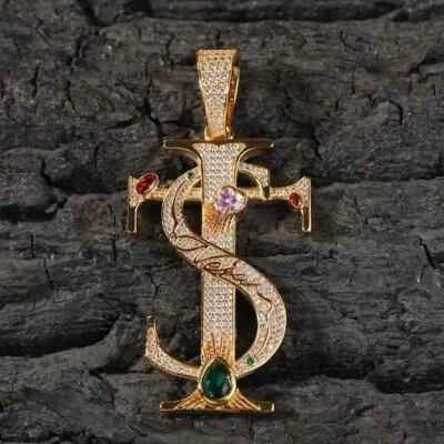 3Ct Round Lab Created Diamond Cross Charm Men's Pendant 14K Yellow Gold Plated - Image 1 of 4