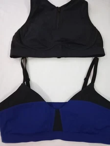 2 Fabletics Sport Bra Size Medium Padded Black Zip Racerback Blue Strap Wireless - Picture 1 of 7