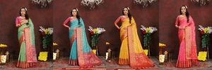 Sari Saree indiano nuovo designer fantasia seta matrimonio festa abbigliamento Bollywood pakistano - Foto 1 di 6
