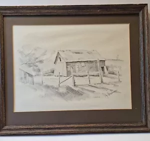 Signed pencil drawing of barn farm by J. Graham matted and framed - Picture 1 of 3