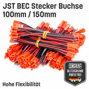 JST BEC Male Female 10cm 15mm 100mm 150mm Cable Lipo Battery ESC 1-100 Pairs - Picture 1 of 17
