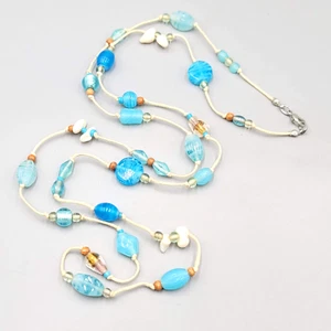 Vintage Blue Glass Bead Necklace Beach Theme Nautical Seashell Accents Long 44" - Picture 1 of 9