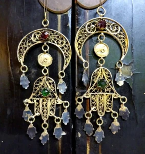 Djerba Chiirya Hamsa Silver Gilt Filigree Pair Pendants Necklace Tunis Antique - Picture 1 of 12