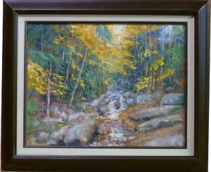 Pintura al óleo original enmarcada Sean Wu otoño bosques árboles arroyo paisaje 16x20 - Imagen 1 de 9