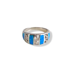 Blue Fire Opal ring, s925 Sterling Silver meander Greek pattern ring - Picture 1 of 6