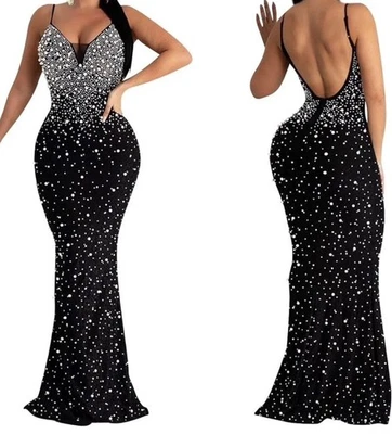 Sexy Vestido Largo Diamante Hasta el Suelo Mujeres Malla Cristal Correas Talla L Foto 1 de 4