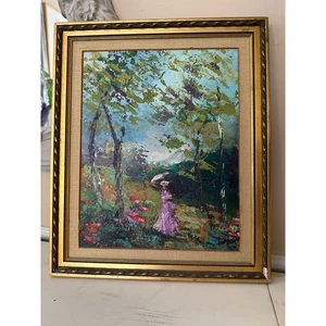 Original Zaza Meuli Ölgemälde Dame rosa Kleid Landschaft Holz gerahmt 15x12" - Bild 1 von 14