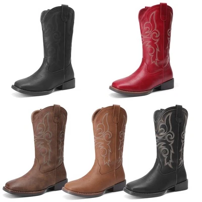 Women Cowgirl Boots Embroidered Square Toe Mid Calf Wild West Western Boots - Image 1 of 4