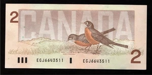 Billete de 2 dólares del Banco de Canadá Reina Isabel II 1986 Robin circular nítido - Imagen 1 de 2