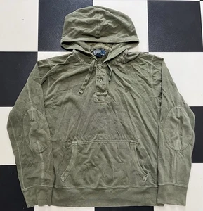 Polo Ralph Lauren Henley Felpa con Cappuccio Taglia Large Verde Esercito Imbottita Gomito - Foto 1 di 3